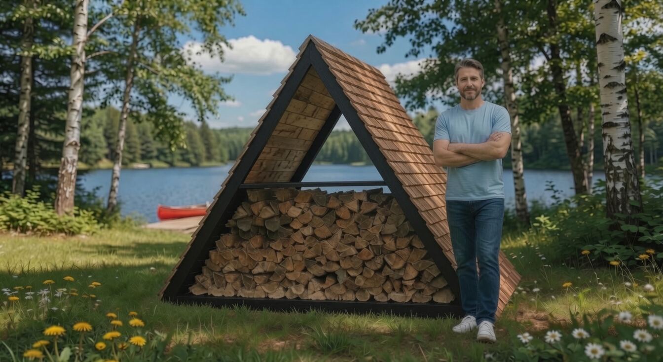The Stockpile firewood shed with a black-painted frame, with an adult standing beside it for scale