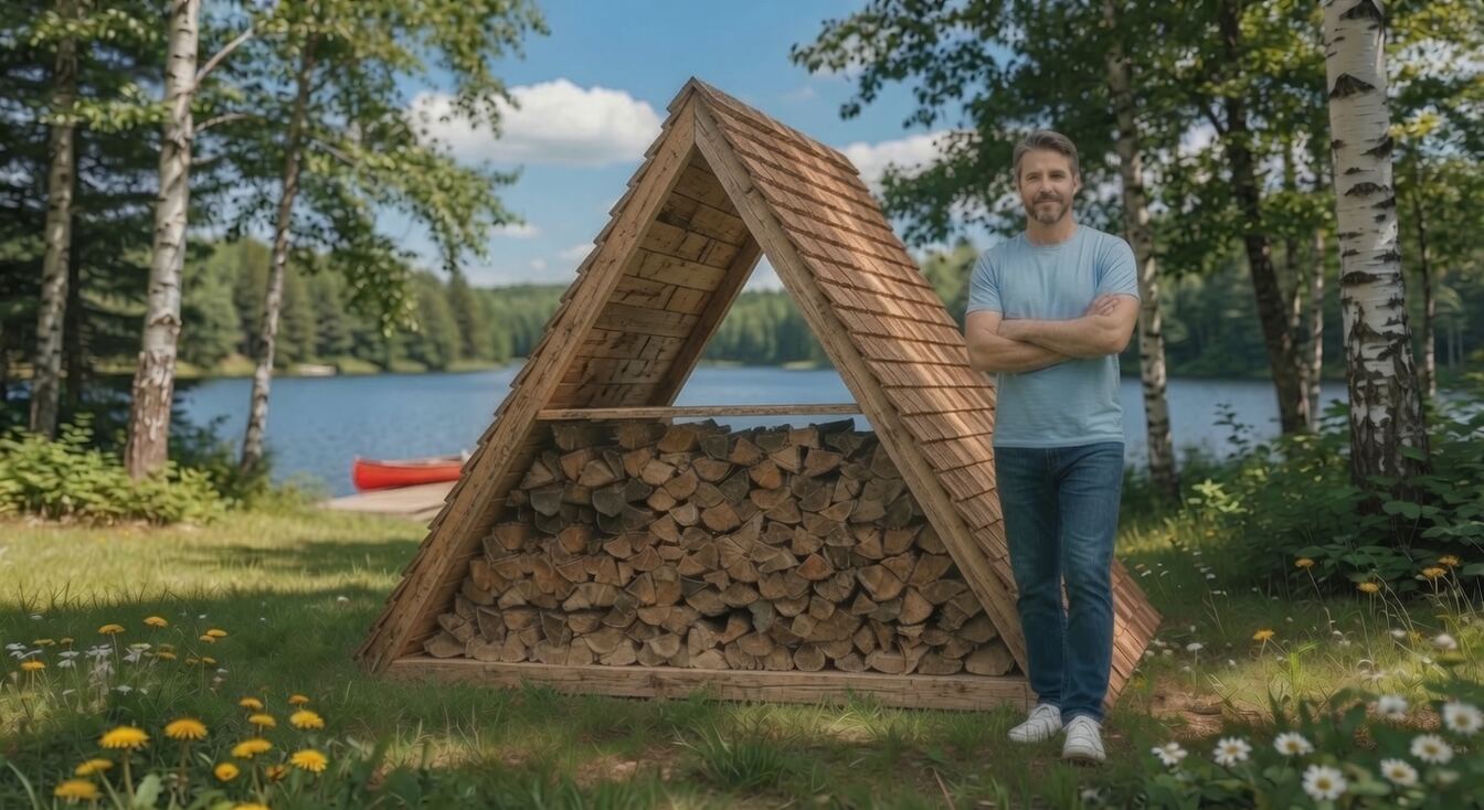 The Stockpile firewood shed in bare cedar, stacked full, with an adult standing beside it for scale