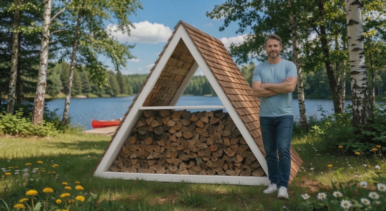 The Stockpile firewood shed with a white-painted frame, with an adult standing beside it for scale
